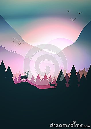 Sunset or Dawn Over Mountains with Stag on Hill Top Pine Forest Vector Illustration