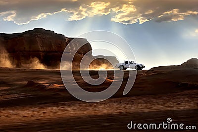 Sunset in desert. Beautiful rays of light and clouds. Iran. Kerman. Dasht-e Lut Desert. Stock Photo