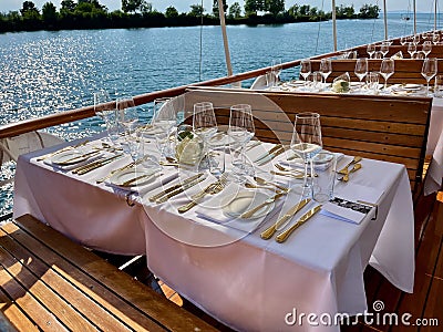 Sunset dinner on board of historic steamer on Lake of Constance, Vorarlberg, Austria. Stock Photo