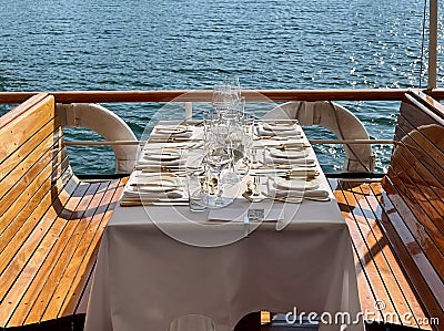 Sunset dinner on board of historic steamer on Lake of Constance, Vorarlberg, Austria. Stock Photo