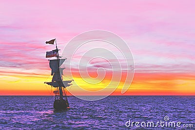 Sunset on the Dutch Pirate Ship Stock Photo