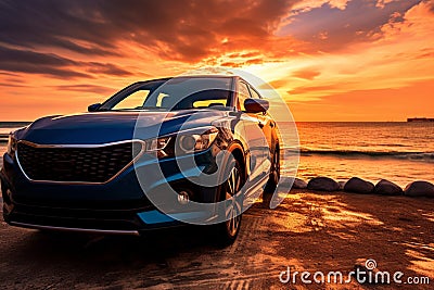 Sunset elegance Blue compact SUV with modern design parked by the sea Stock Photo