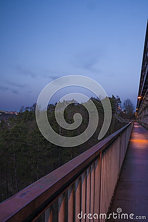 Sunset evening on foot and railway bridge over valley in Trebic town Stock Photo