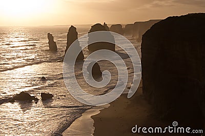 The sunset at the famous Twelve Apostles on the Great Ocean Road in Australia Stock Photo