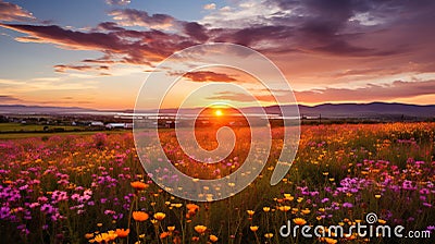 Sunset in the field with cosmos flowers Stock Photo