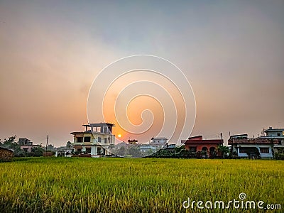 Sunset. Flat land. Stock Photo