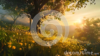 Sunset Forest Landscape with Flowers in Vray Style Stock Photo