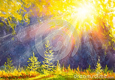 Sunset forest landscape. Watercolor painting. Hand drawn outdoor illustration Cartoon Illustration