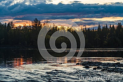 Sunset in the forest. Forest by the river. Russia Stock Photo