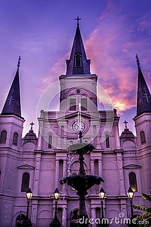 Sunset Fountain Saint Louis Cathedral Facade New Oreleans Louisiana Stock Photo