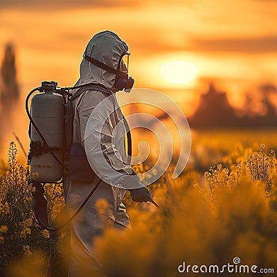 Sunset fumigation man in protective gear ensures crop health Stock Photo