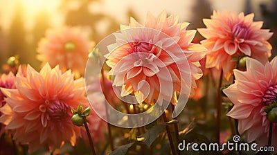 Sunset Glow Capture Dahlia flowers during the golden hour of sunset. Emphasize the warm, soft light illuminating the petals, Stock Photo