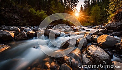 Sunset Glow Over a Peaceful Mountain Stream Stock Photo