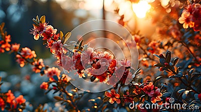 Sunset Glow on Spring Blossoms. Created with Generative AI Stock Photo