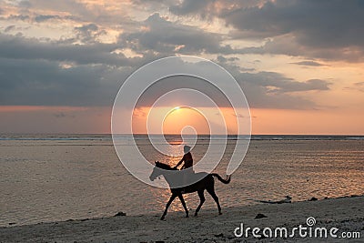 Sunset Harmony: Man and Horse Aligned with Gili Trawangan Twilight Stock Photo