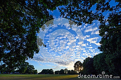 Sunset in Harvington Park, Beckenham, Kent. Small fluffy altocumulus clouds against a blue sky with the setting sun Stock Photo