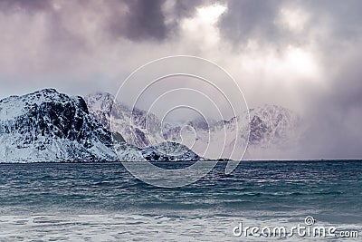 Sunset at Haukland Beach on the Lofoten Islands in Norway Stock Photo