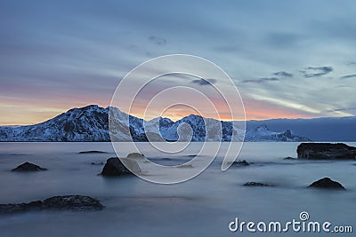 Sunset on Haukland Beach. Lofoten Stock Photo