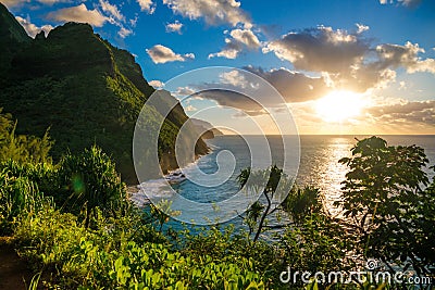 Sunset at Hawaii Kauai Napali coast Kalalau trail Stock Photo