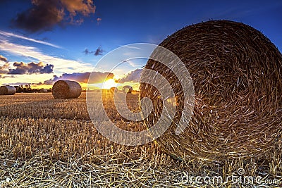 Sunset hay bales Stock Photo