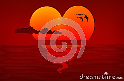 Sunset heart with birds Vector Illustration