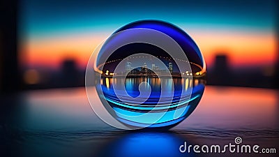 Sunset horizon, nature's beauty reflected in crystal ball. Orange hues Stock Photo