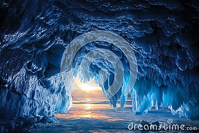 Sunset in the ice cave. Winter landscape. Lake Baikal. Stock Photo