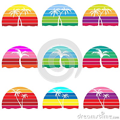 Sunset icon vector set. palm trees illustration sign collection. beach symbol or logo. Vector Illustration