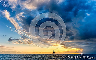 Sunset Inspirational Storm Sailboat Surreal Nature Ethereal Hope Journey Banner Stock Photo