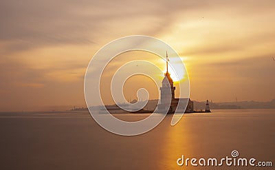 Sunset in Ä°stanbul Bosphorus with maiden tower Stock Photo