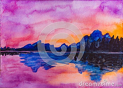 Sunset at Jenny Lake, Grand Teton National Park, Wyoming. Watercolor Painting. Stock Photo