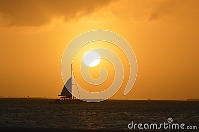 Sunset in Key west with with soaring birds and Sail boat Stock Photo