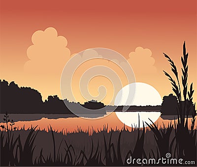 Sunset and Lake Vector Illustration