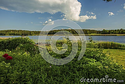 Sunset on the lake in Sweden. Beautiful mirror water surface view . Green nature colors and blue sky with white clouds. Stock Photo