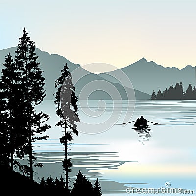 Sunset on the lake and two anglers Vector Illustration