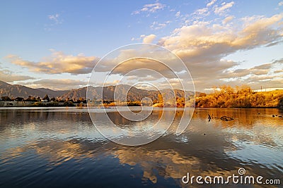 Sunset landscape around Peck Road Park Lake Stock Photo