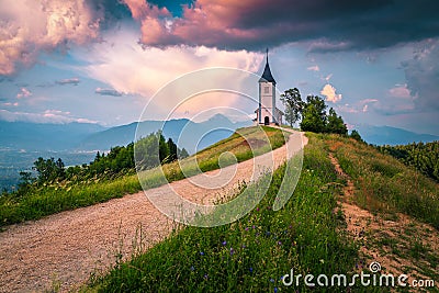 Picturesque alpine landscape with Saint Primoz church, near Jamnik, Slovenia Stock Photo