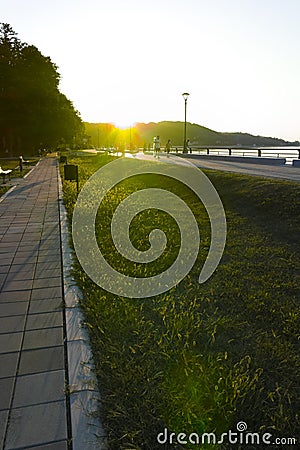 Sunset landscape of Danube River at town of Golubac, Serbia Editorial Stock Photo