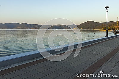 Sunset landscape of Danube River at town of Golubac, Serbia Editorial Stock Photo