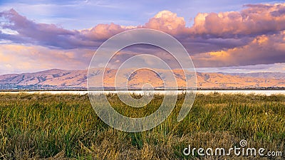 Sunset landscape of the marshes of south San Francisco bay, Mission Peak covered in sunset colored clouds, Sunnyvale, California Stock Photo