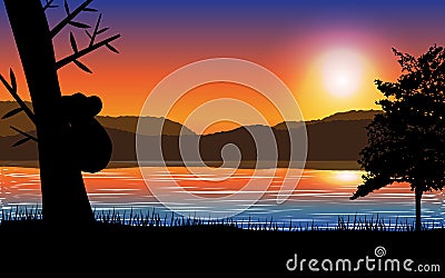 Sunset landscape with sea,mountain and tree with koala silhouette. Vector Illustration