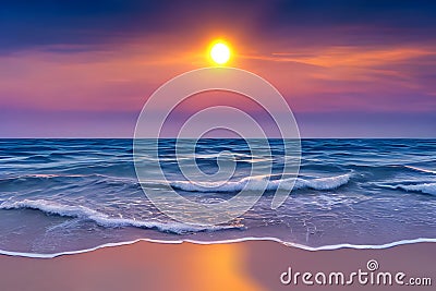 Sunset landscape, summer tropical beach. Sea, ocean, waves, surf, red yellow blue sky, sunset. Design concept for travel, family Stock Photo