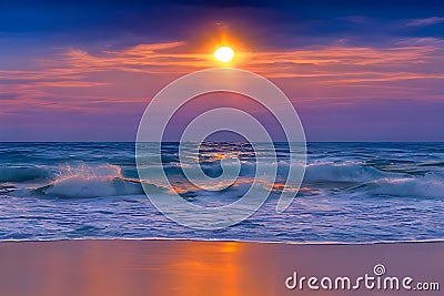 Sunset landscape, summer tropical beach. Sea, ocean, waves, surf, red yellow blue sky, sunset. Design concept for travel, family Stock Photo