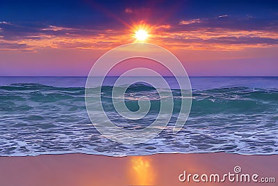 Sunset landscape, summer tropical beach. Sea, ocean, waves, surf, red yellow blue sky, sunset. Design concept for travel, family Stock Photo
