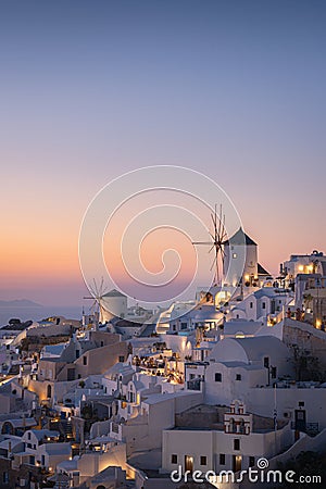 Sunset landscapes of the village Oia in Santorini Island in Greece Editorial Stock Photo