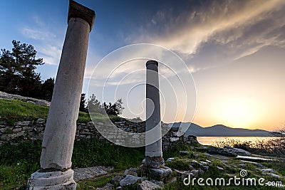 Sunset Lanscape on Evraiokastro Archaeological Site, Thassos town, Greece Stock Photo