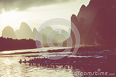 Sunset at Li River, Xingping, Guilin, China. Xingping is a town Editorial Stock Photo