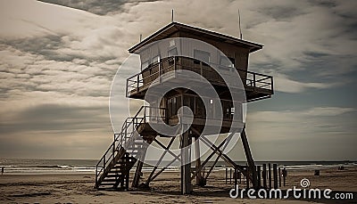 Sunset lifeguard hut on tranquil blue coastline generated by AI Stock Photo