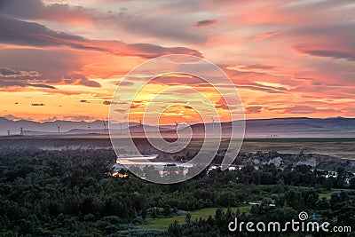 Sunset light above Oldman river near Pincher Creek, Southern Alberta, Canada Stock Photo