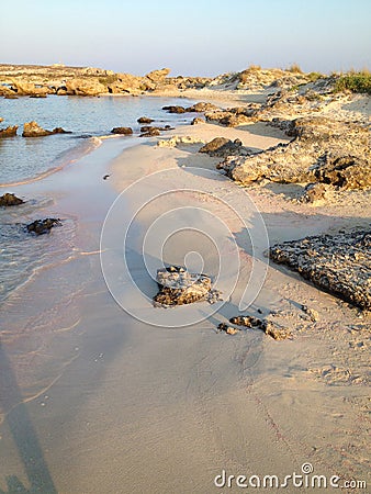 Sunset light on Crete. Elafonisi paradise. Greece. Beautiful Elafonisi beach. Amazing Transparent crystal blue Water of Elafonisi. Stock Photo